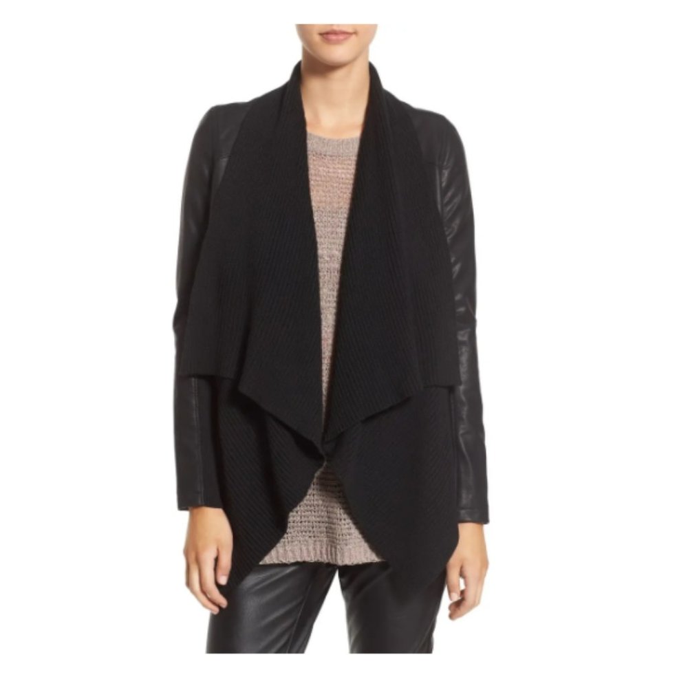 Faux Leather Jacket with Knit Drape Collar